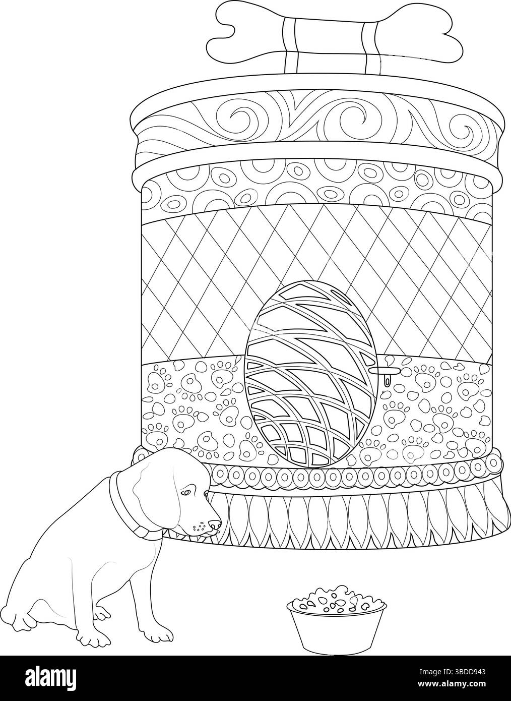Schwarz-weiße Strichzeichnung Illustration mit einem kleinen Hund, der neben einer großen, dekorativen Struktur sitzt, die einem Hundehaus oder Futterhäuschen ähnelt, oben Stock Vektor