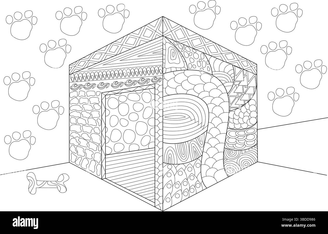 Schwarz-weiße Strichgrafik eines Hundehauses mit komplizierten Mustern im Zentangle-Stil an den Seiten. Um das Hundehaus herum sind die Umrisse von d Stock Vektor