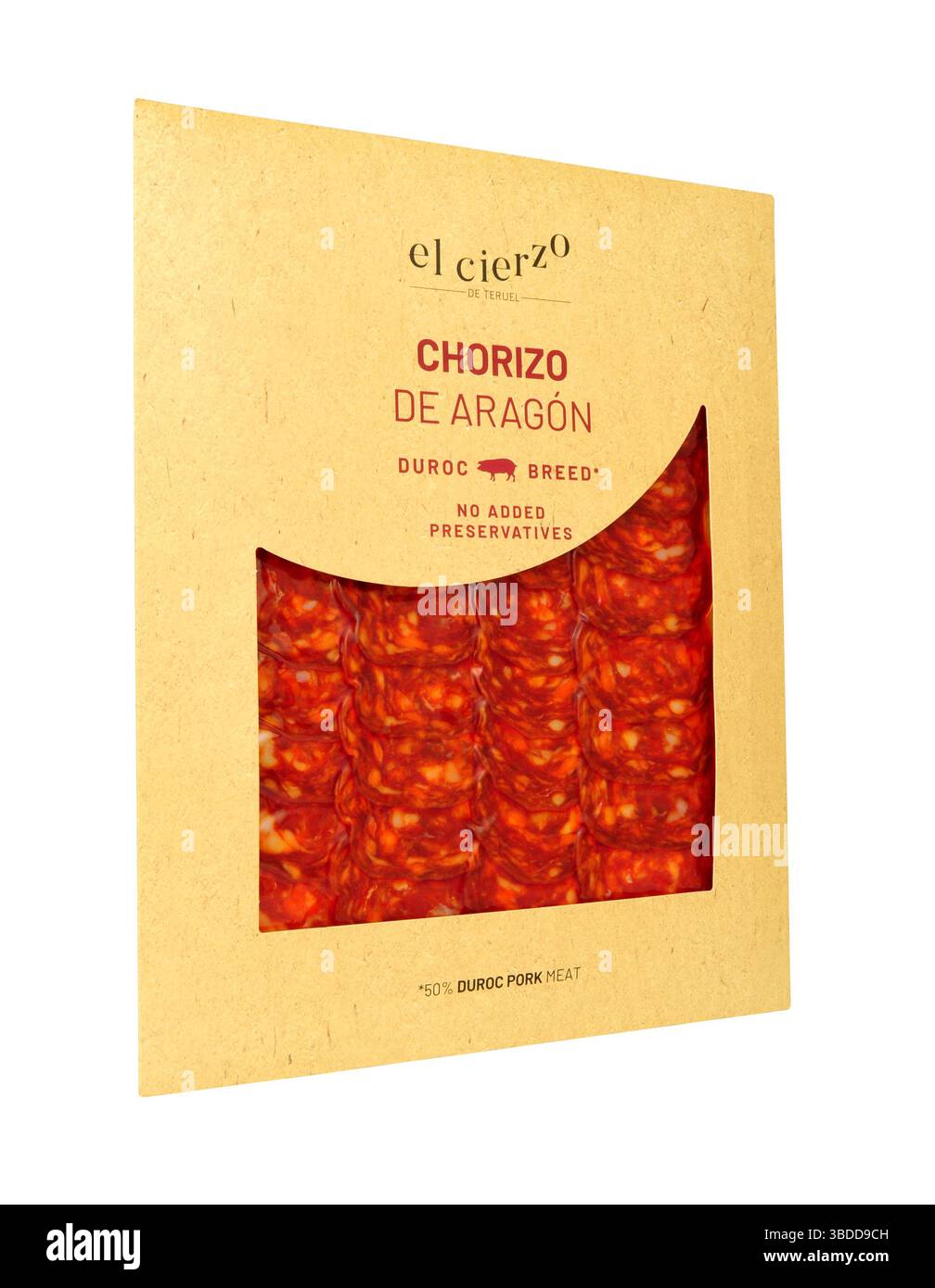 El cierzo chorizo de Aragon in Scheiben geschnittene milde Chorizo-Wurst aus Schweinefleisch der Duroc-Rasse in einer Packung von 100 g Stockfoto