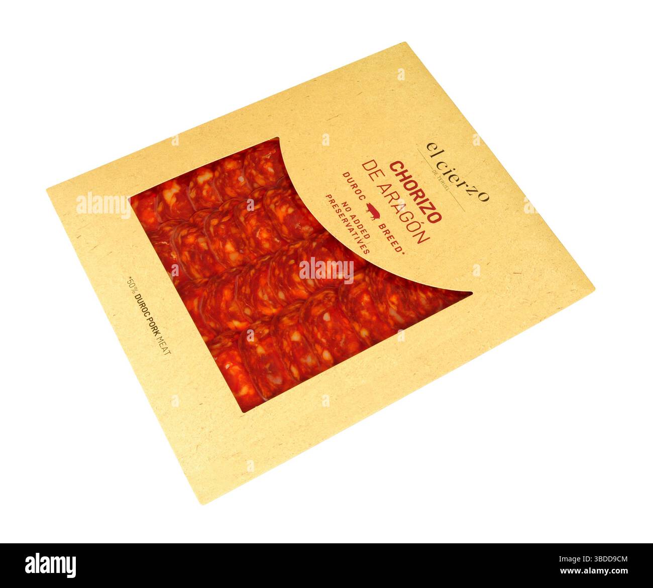 El cierzo chorizo de Aragon in Scheiben geschnittene milde Chorizo-Wurst aus Schweinefleisch der Duroc-Rasse in einer Packung von 100 g Stockfoto