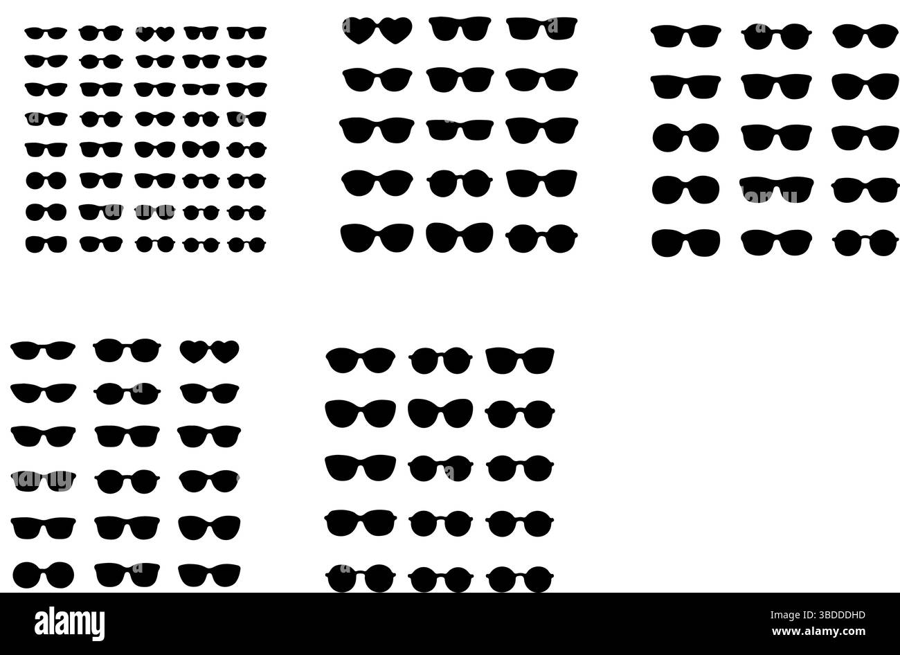 Entdecken Sie eine Vielzahl von stilvollen Sonnenbrillen-Silhouetten, die sich ideal für kreative künstlerische Zwecke und Designs eignen Stock Vektor