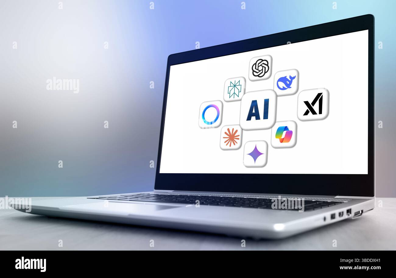 Die gängigsten AI-Tools, die auf dem Laptop angezeigt werden Stockfoto