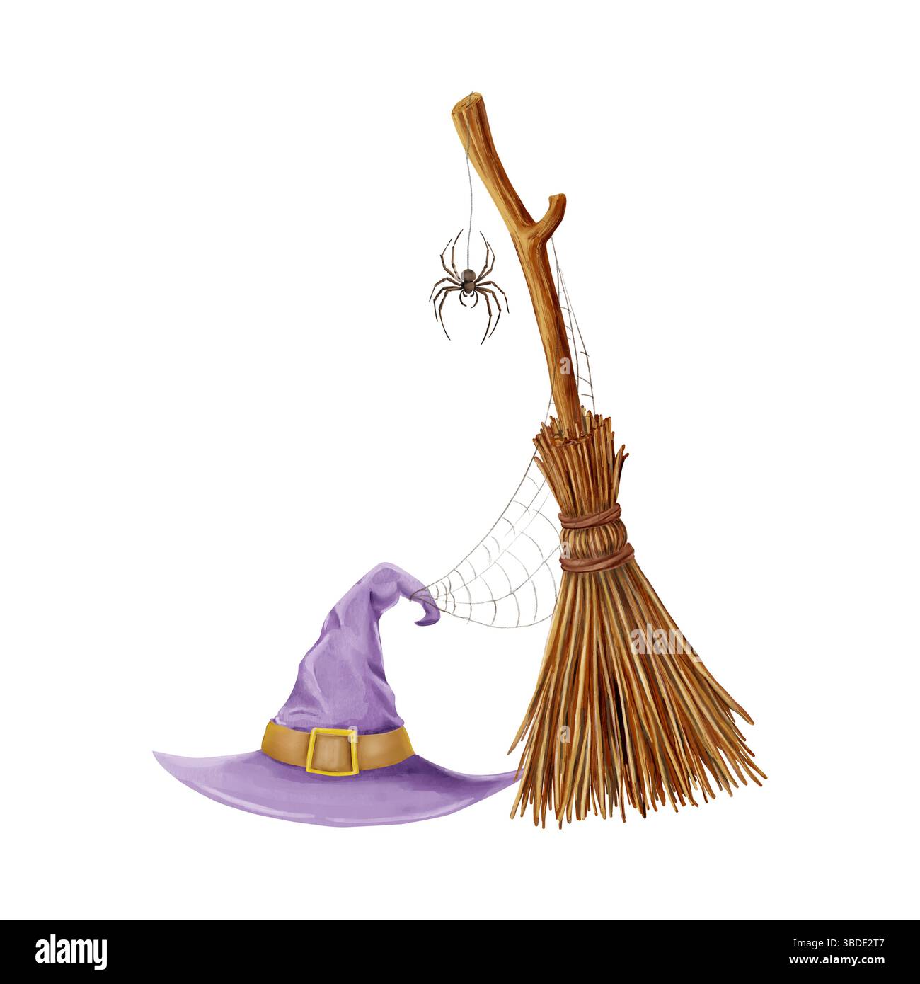 Ein Besen mit Holzgriff und spitzem Hexenhut. Eine Spinne webt ein Netz. Aquarellabbildung. Hexenattribute sind isoliert auf einem weißen Hintergrund Stockfoto