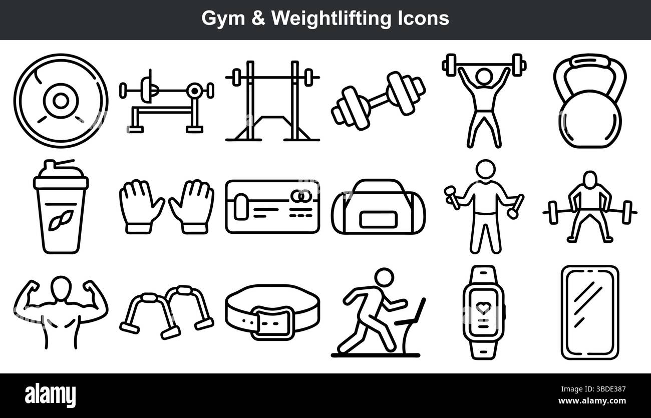 Fitness-Ikonen für Gewichtheben im Fitnessstudio zeichnen Kunstgrafiken aus Stock Vektor
