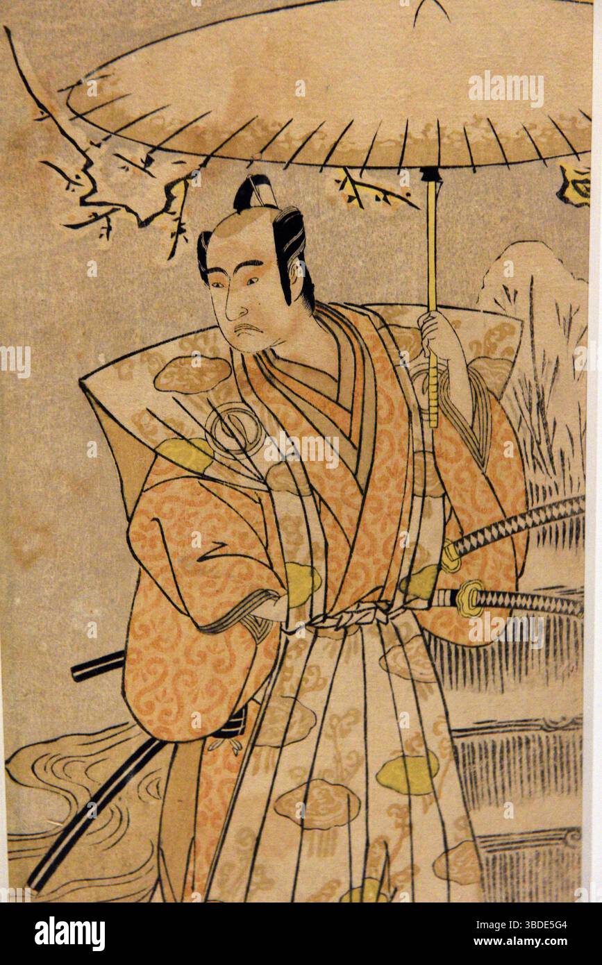 Acior Ichikawa Komazo unter einem Regenschirm im Schnee, von Katsukawa Shunsho (1726-92), Edo-Periode, 18. Jahrhundert, Tokyo National Museum, Tokio, Honshu, Japan Stockfoto
