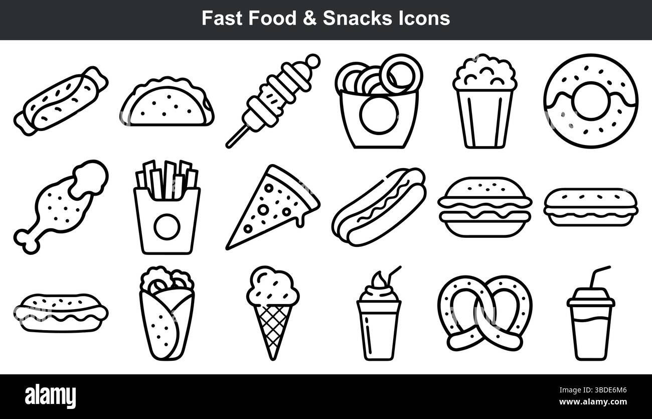 Ikonen für Fast Food-Snacks zeichnen sich durch ein grafisches Design aus Stock Vektor