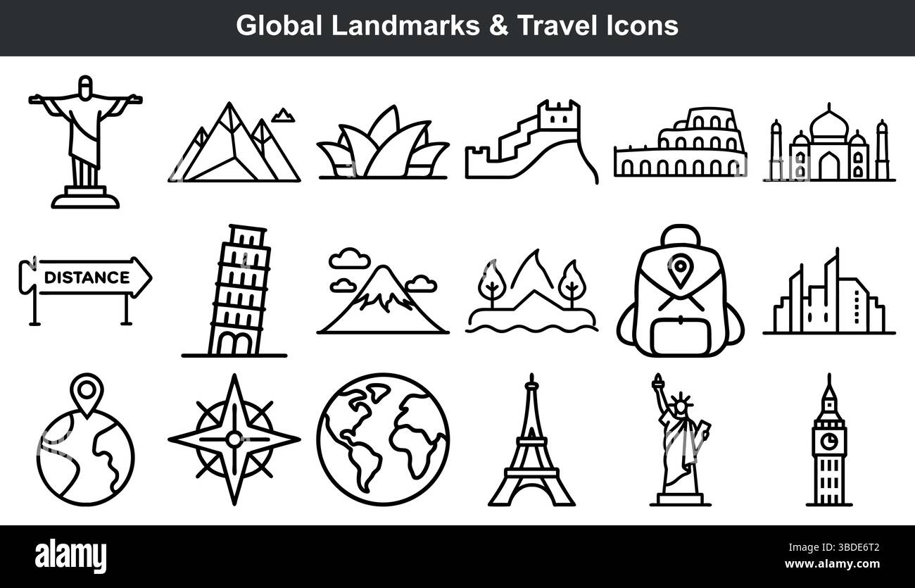 Globale Orientierungspunkte Reisesymbole Line Art Set Stock Vektor