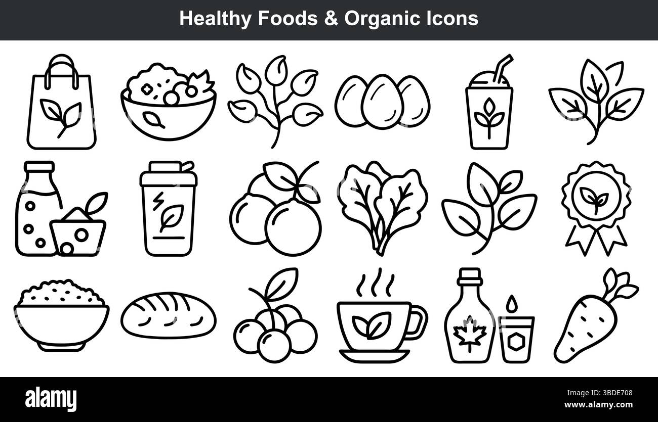 Gesunde Lebensmittel Bio Icons Line Art Grafiken Stock Vektor