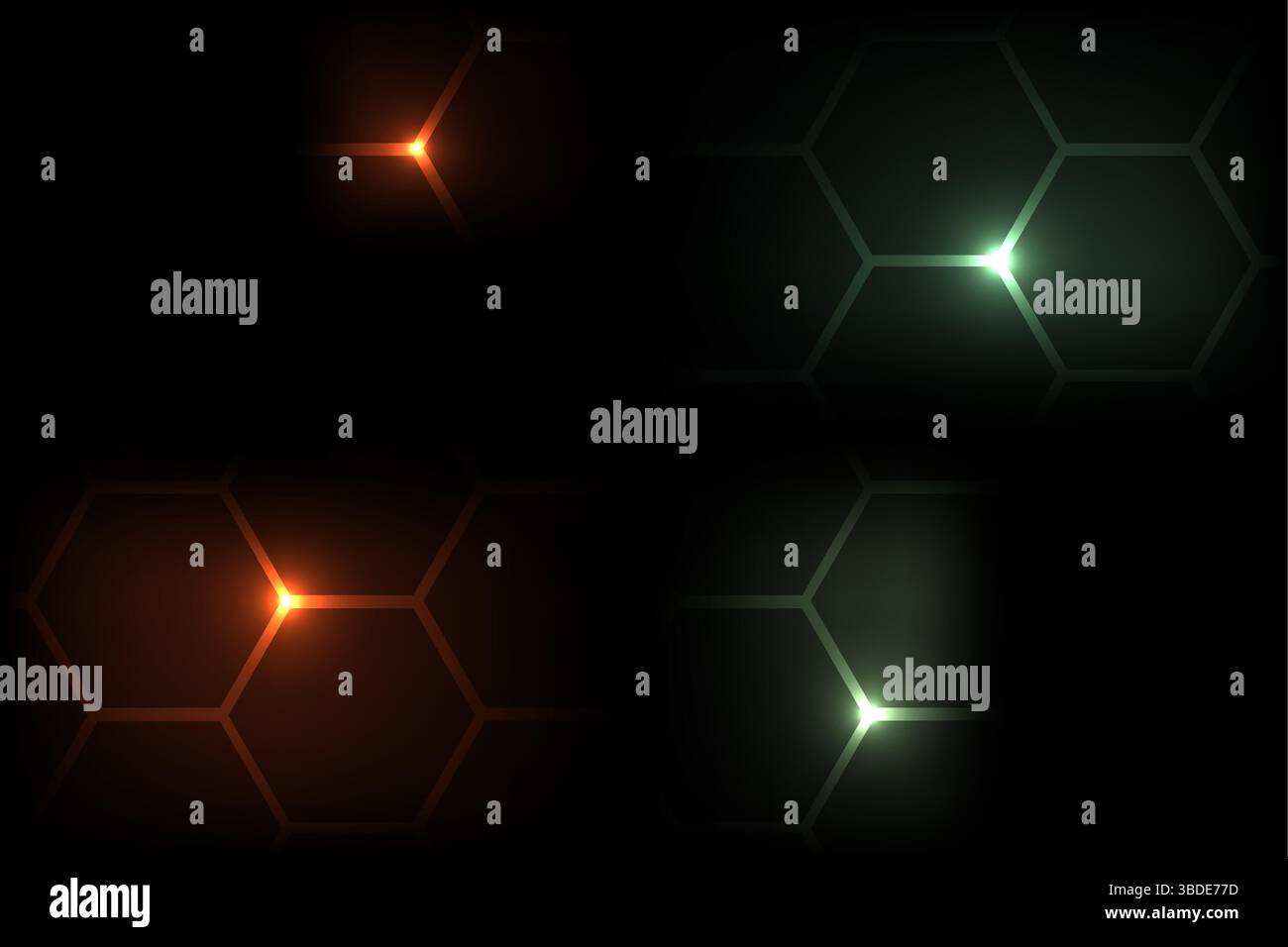 Abstrakter Technologiehintergrund dunkles Sechseck mit orangefarbenen und grünen hellen Blitzen auf dem sechseckigen Rand, Vektorillustration Stock Vektor