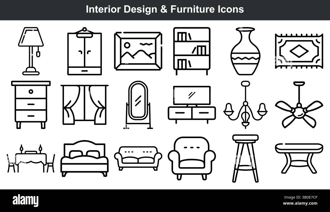 Innenarchitektur Möbel Ikonen Line Art Set Stock Vektor