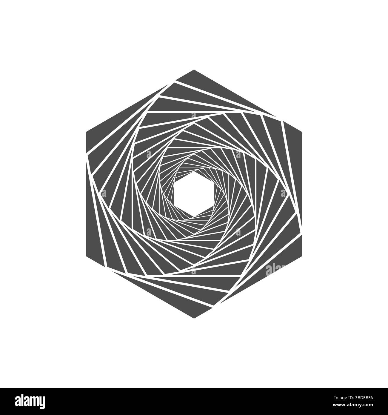 Spiralgeometrisch abstraktes Sechseck. Optisches Täuschungsdesign. Schwarz-weiß-hypnotischer Wirbel. Tunnelähnlicher Effekt. Modernes Designelement für Hintergründe Stock Vektor