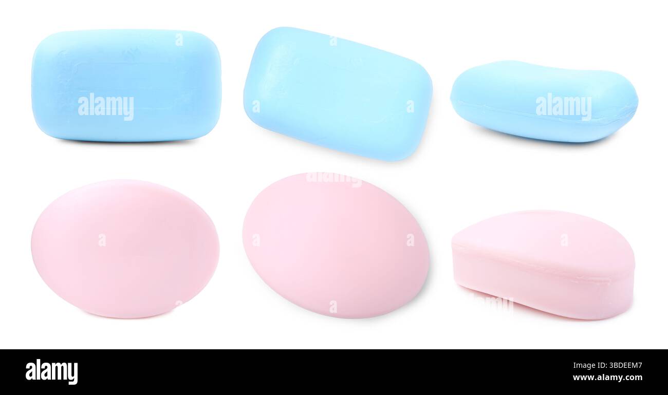 Hellblaue und rosa Seifenleisten auf weißem Hintergrund, Set. Draufsicht und Seitenansicht Stockfoto