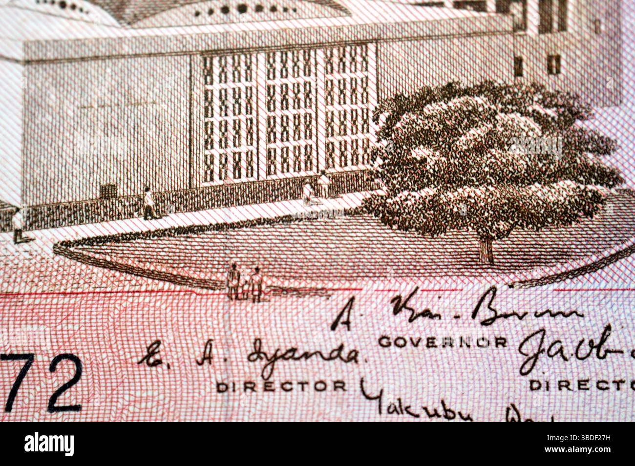 Das Bankgebäude von der Vorderseite eines nigerianischen Pfund-Bargeld-Banknotenscheins, von der Zentralbank Nigerias, Bundesrepublik Nigeria, Geldschein Stockfoto