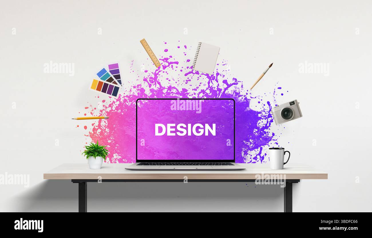 Laptop mit „Design“-Text, der von einer violetten Farbwelle durchdrungen wird, umgeben von schwebenden kreativen Werkzeugen wie Bleistift, Palette, Lineal, Notizbuch, Pinsel Stockfoto
