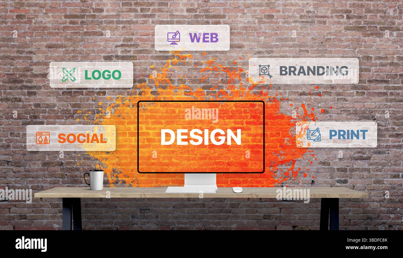Entwerfen Sie ein Display vor der orangefarbenen Spritzwand mit Symbolen und Schlüsselwörtern, die die wichtigsten kreativen Bereiche darstellen: Logo, Branding, Social Media, Web und Print Stockfoto