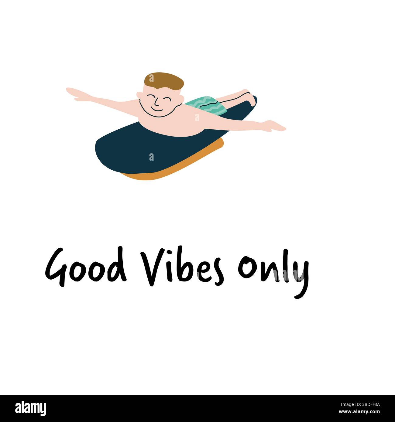 Kaukasischer junger männlicher Surfcartoon mit Text „nur gute Vibes“. Stock Vektor