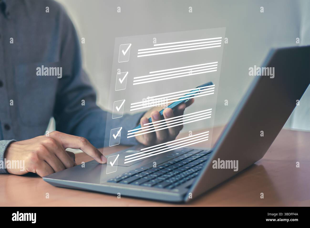 Konzepte und Checklisten für die Verwaltung von Geschäftsdokumenten Datencheckliste, Geschäftsentwicklung Stockfoto