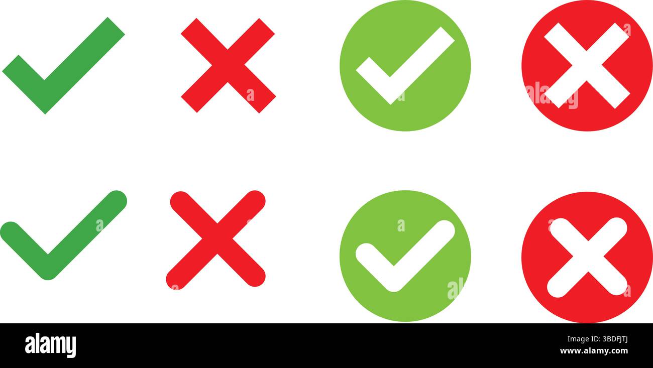 Grünes Häkchen Rotes Kreuz: Symbole für die Ablehnung von Genehmigungen, Häkchen und X-Symbole: Falsche Anzeigen korrigieren, Symbole für Bestätigungsfehler: Moderne UI-Elemente. Stock Vektor