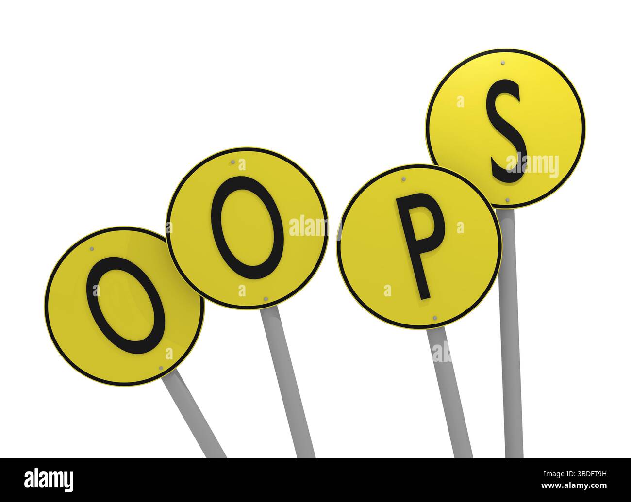 Gelbe Schilder mit dem Wort Oops, 3D-Rendering auf weiß Stockfoto