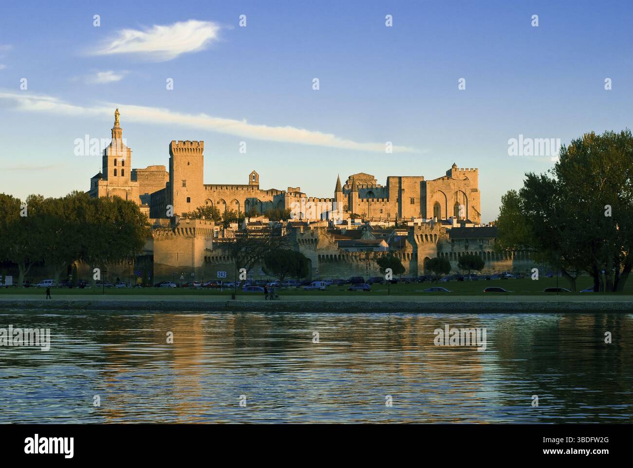 Blick über die Rhone zur Altstadt von Avignon, Palais Papes, Kirche Notre-Dame-des-Doms, Papstpalast, Provence, Frankreich Stockfoto