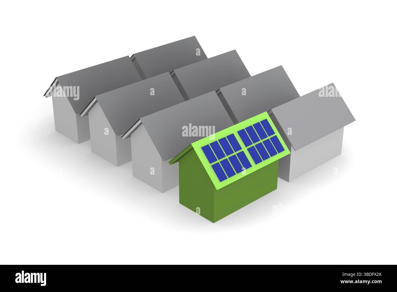 Green House mit Solarzellen auf dem Dach, Sun power Konzept, 3D-Rendering Stockfoto