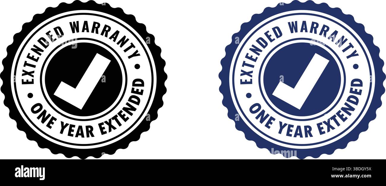 Symbol für eine Garantieverlängerung für ein Jahr – zertifiziertes Garantieeetikett in Blau und Schwarz – Siegel oder Stempel Stock Vektor Symbol für eine Garantieverlängerung für ein Jahr – zertifiziertes Garantieeetikett in Blau und Schwarz – Siegel oder Stempel Stock Vektor