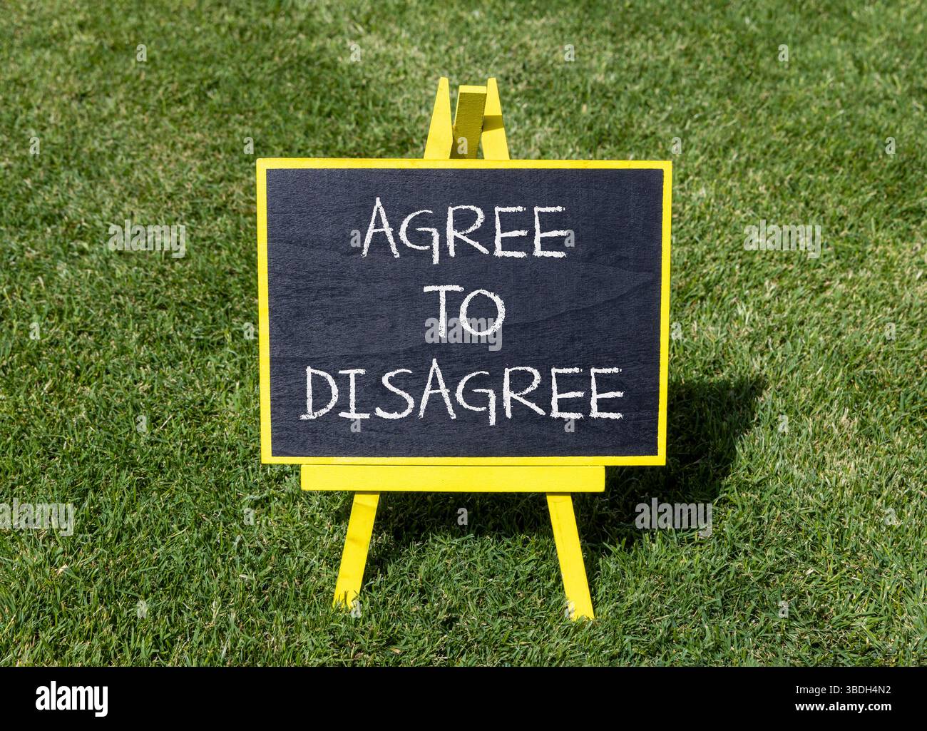 Symbol „Stimme zu, Stimme nicht zu“. Konzeptworte stimmen überein, dass sie auf der schönen gelben Tafel nicht zustimmen. Schöner grüner Rasen Hintergrund. Und stimmen Sie zu Stockfoto