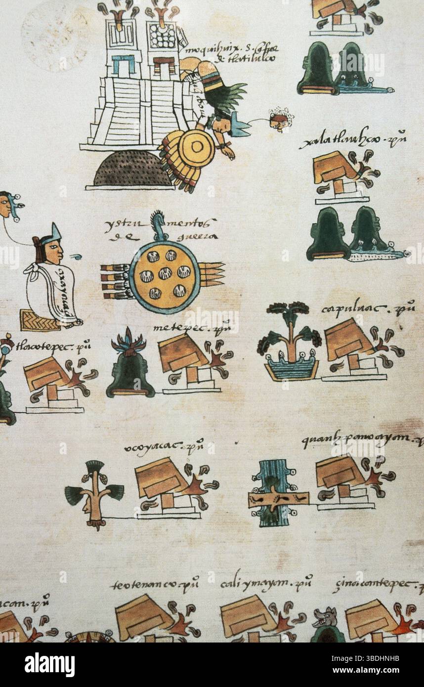 Codex Mendoza. Aztekencodex von tlacuilos, ca. 1541. Der erste Vizekönig von Neuspanien, Antonio de Mendoza (ca. 1490–1552), war von 1535 bis 1550 im Amt, um Karl V. über die Azteken zu berichten. Eroberungen von Axayacatl (1450-1481). Detail des Folios 10r. Bodleian Library. Oxford, England, Vereinigtes Königreich. Stockfoto