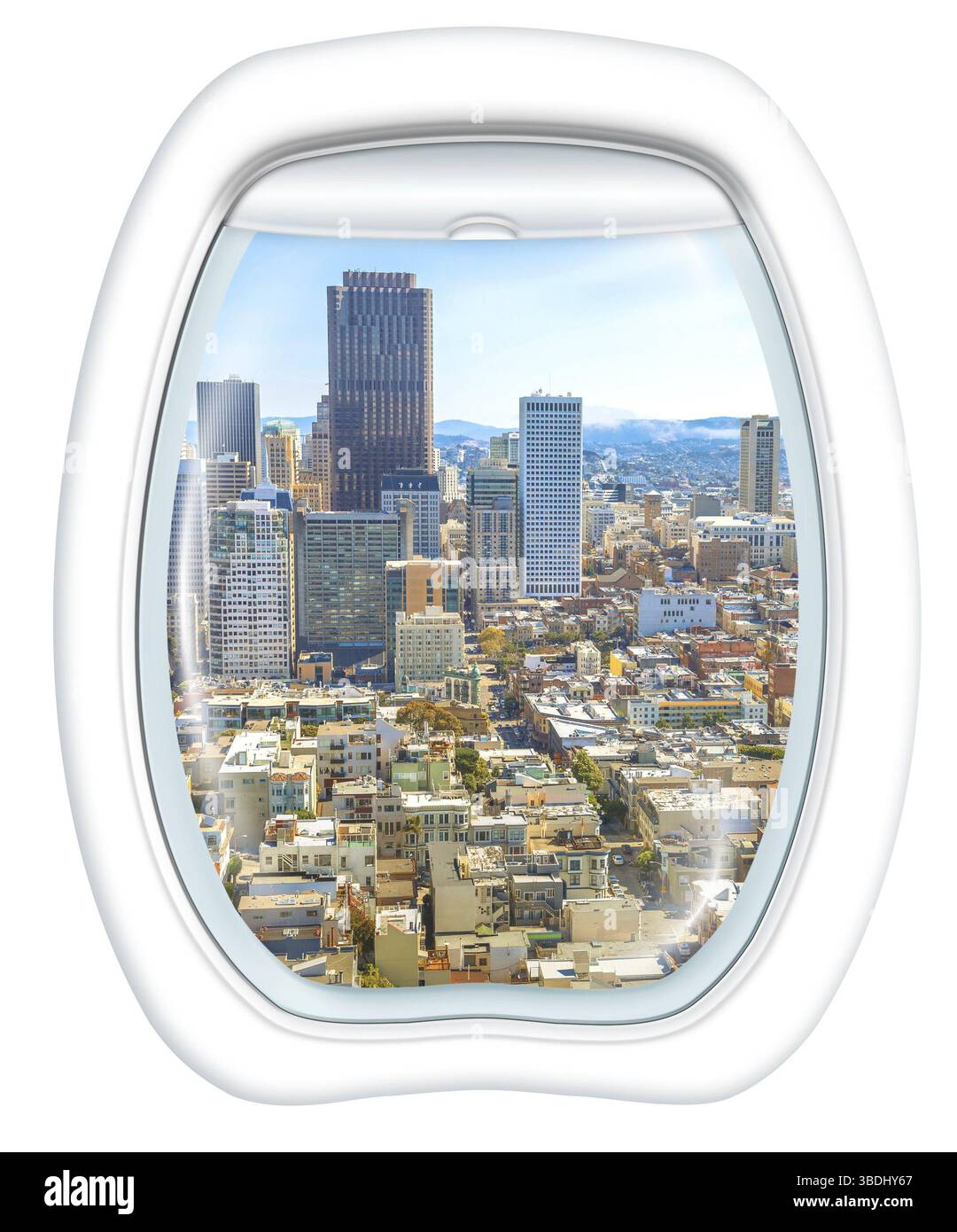 Flugzeugfenster im San Francisco Financial District Downtown, Kalifornien, USA, von einem Flugzeug durch das Bullauge. Kopierbereich, Nordamerika Stockfoto