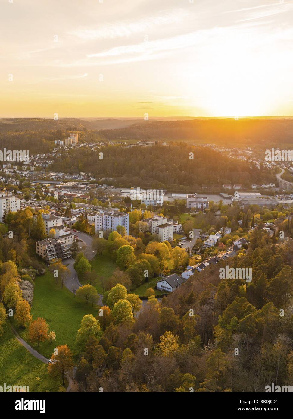 Blick auf die Stadt mit Wald im Hintergrund bei Sonnenuntergang, ruhige und friedliche Atmosphäre, Nagold, Schwarzwald, Deutschland, Europa Stockfoto