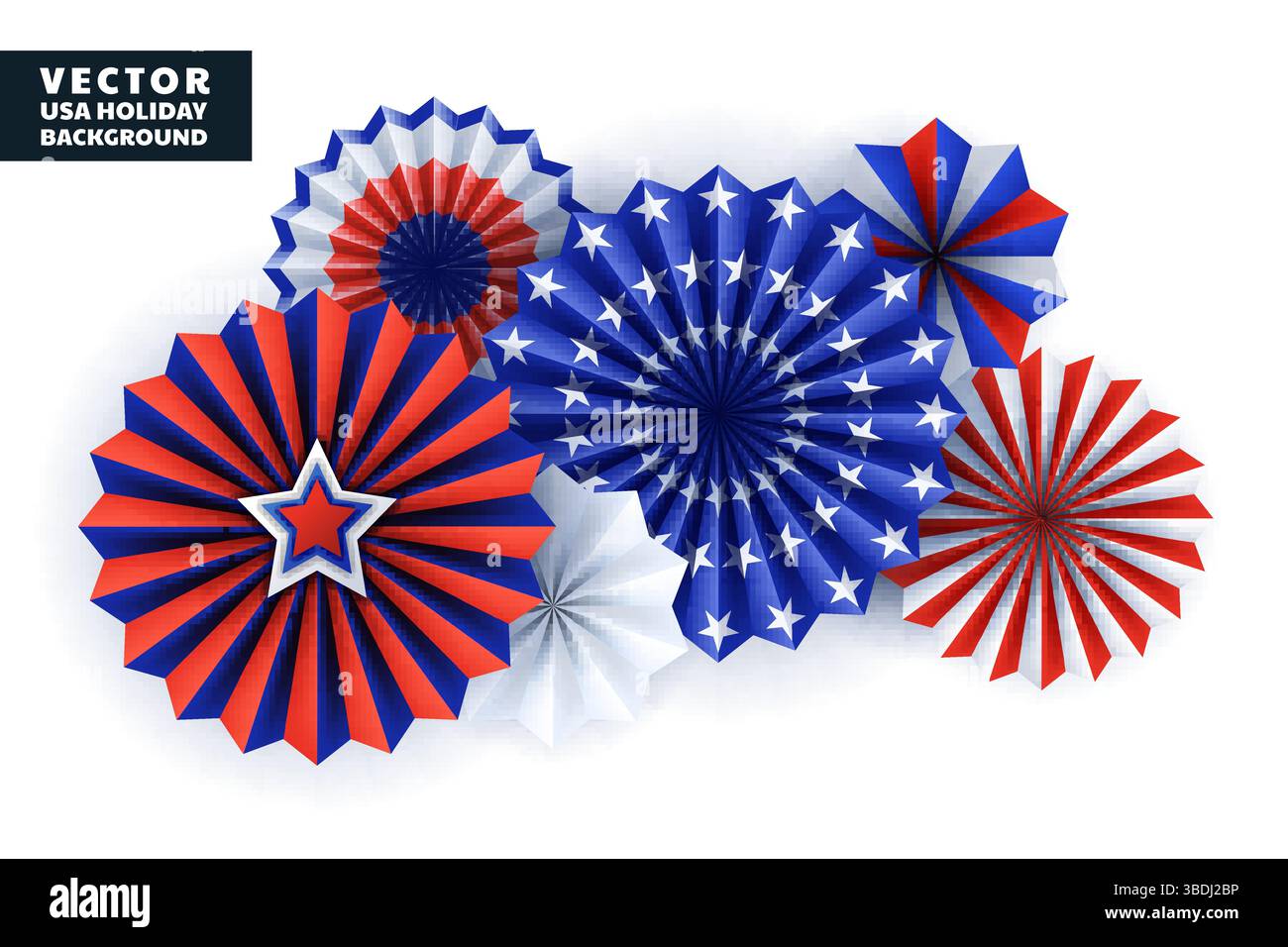 3D-Dekoration mit Papiersternen für Nationalfeiertage in den USA. Abstrakte Vektor-Designelemente für Banner, Poster, Einladung, Grußkarte. Mehrfarbige Einrichtung Stock Vektor