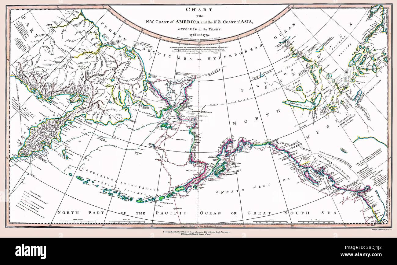 Dies ist eine verbesserte, restaurierte Reproduktion einer antiken Karte, die Asien und Europa um den Polarkreis kartiert. Es wurde um 1794 veröffentlicht. Originaltitel: Karte der nordamerikanischen Küste und der nordamerikanischen Küste Asiens, erforscht in den Jahren 1778 und 1779. Sie dokumentiert die Erkundungsrouten von Captain James Cooks Expeditionen im pazifischen Nordwesten und Nordostasien. Die Karte enthält historische Aufzeichnungen. Stockfoto