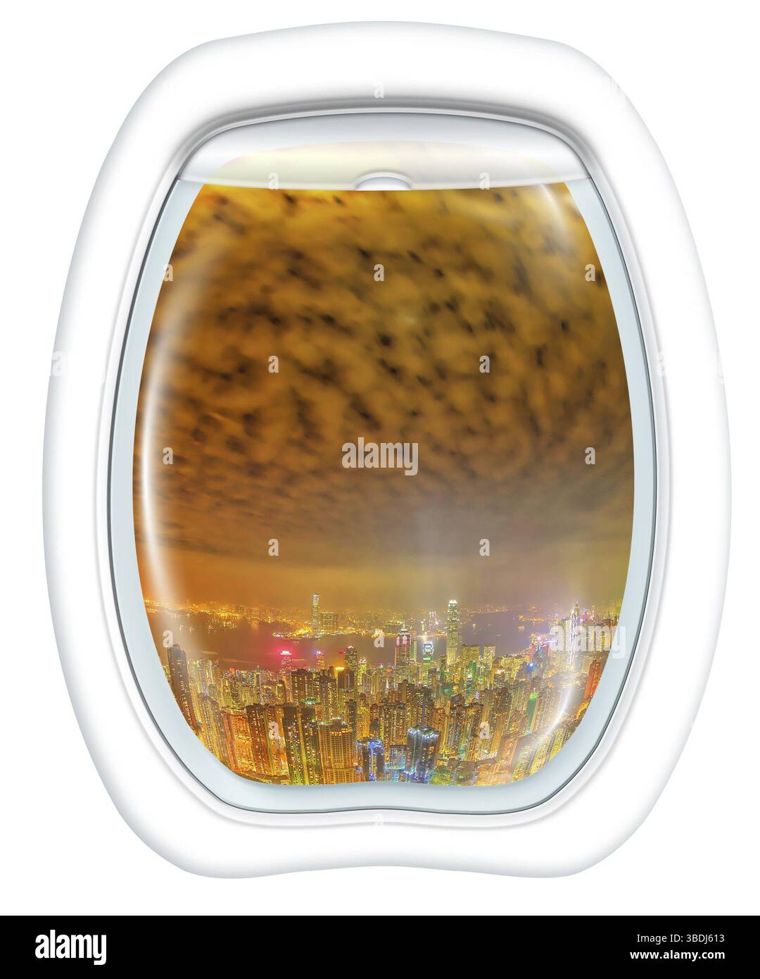 Flugzeug Fenster auf Hong Kong bei Nacht, China Asien, aus einer Ebene durch die bullaugen Fenster. Konzept für Verkehr, Reise, Urlaub und Freizeit. Fische Stockfoto