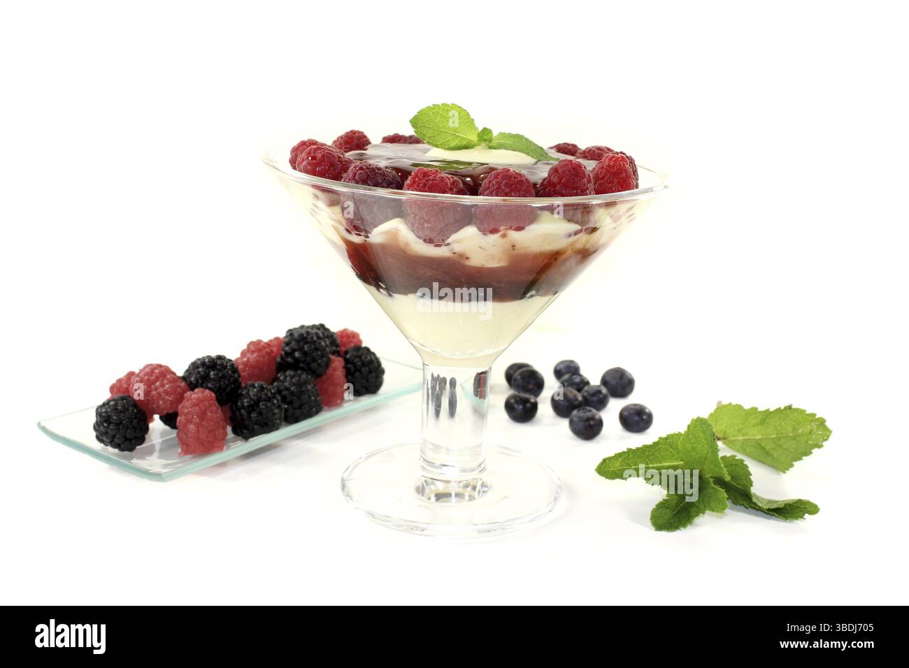 Mehrschichtiges Dessert mit Heidelbeeren auf hellem Hintergrund Stockfoto