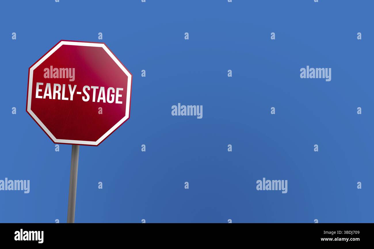 Frühstadium, rotes Schild mit blauem Himmel Stockfoto