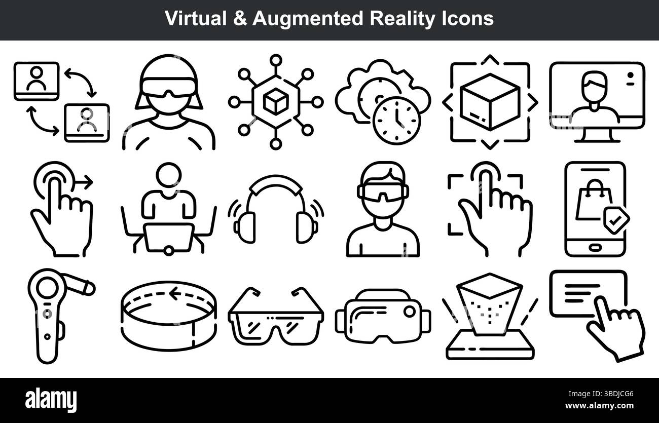 Virtuelle und Augmented-Reality-Icon-Set-Line-Art Stock Vektor