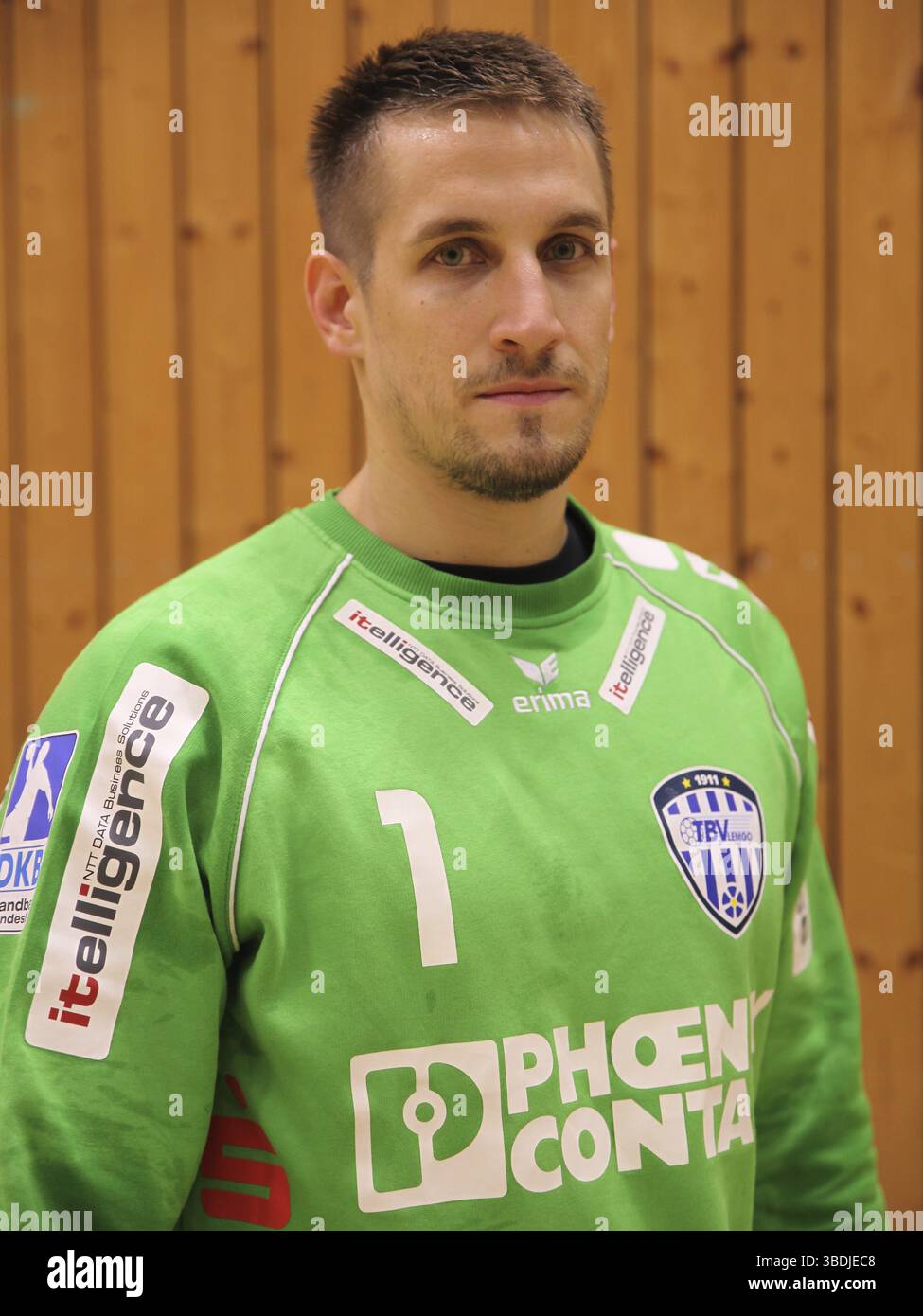 Österreichischer Handballtorwart Thomas Bauer TBV Lemgo DHB DKB Handball Bundesliga Saison 2014-15, österreichischer Handballtorwart Thomas Bauer TBV Lemgo DH Stockfoto