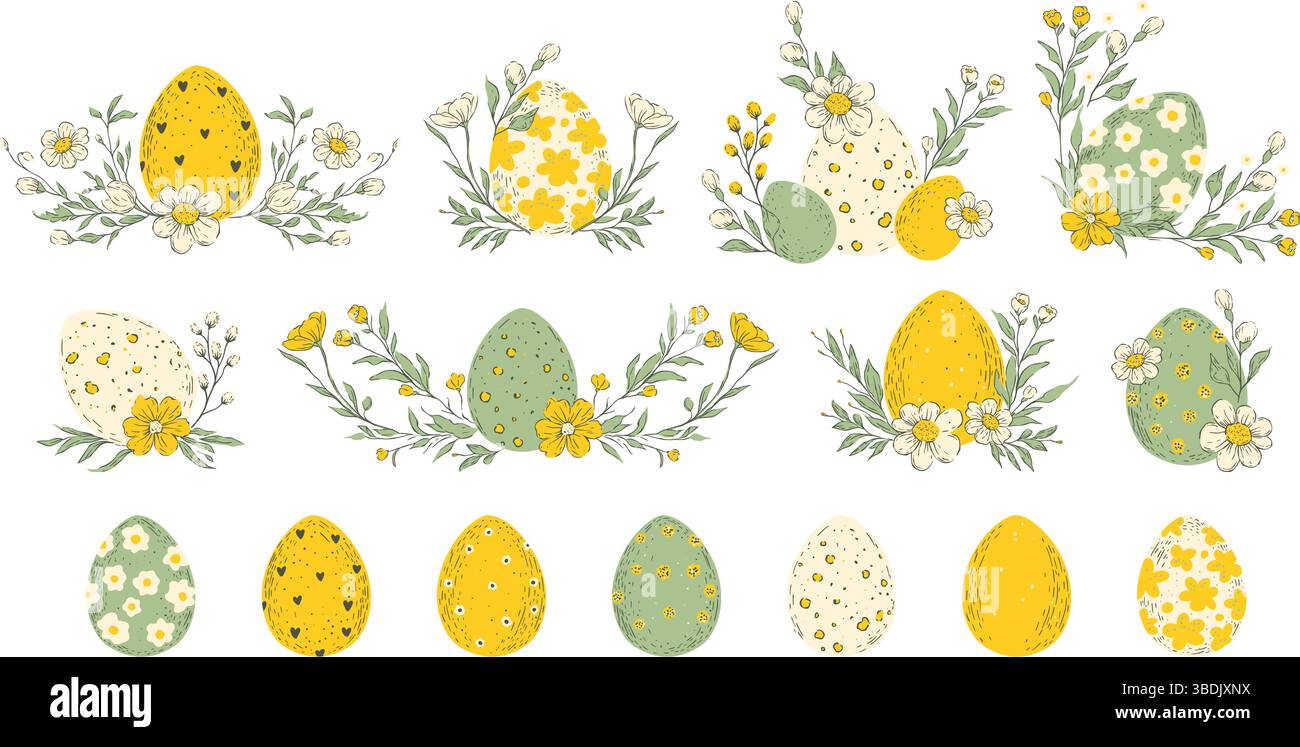 Ostereier Jagd Sketch Set Isoliert Pastelleier Frühlingsblume Urlaub Rustikale Volkskunst Vektor-Sammlung Stock Vektor
