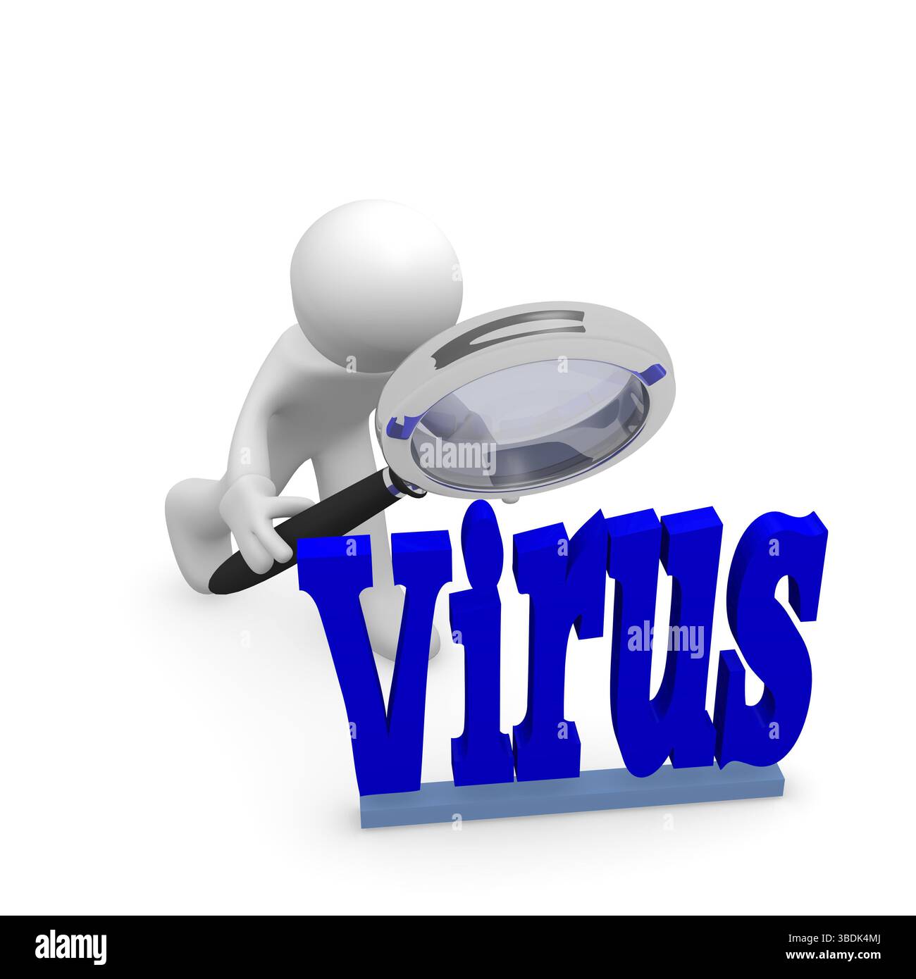 3D Mann mit der Lupe suchen Computer-virus Stockfoto