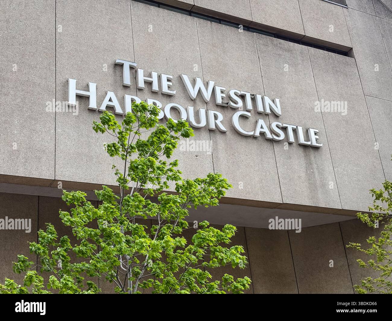Schild für das Westin Harbour Castle Hotel in Toronto, Kanada, auf einem Betongebäude mit grünen Bäumen davor. Stockfoto