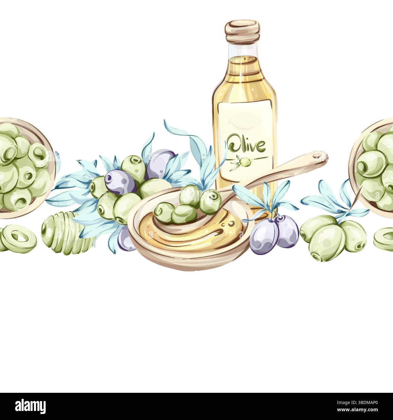 Oliven und Olivenöl in einem nahtlosen Muster, das italienische Küche und Schönheit der Natur präsentiert Stock Vektor