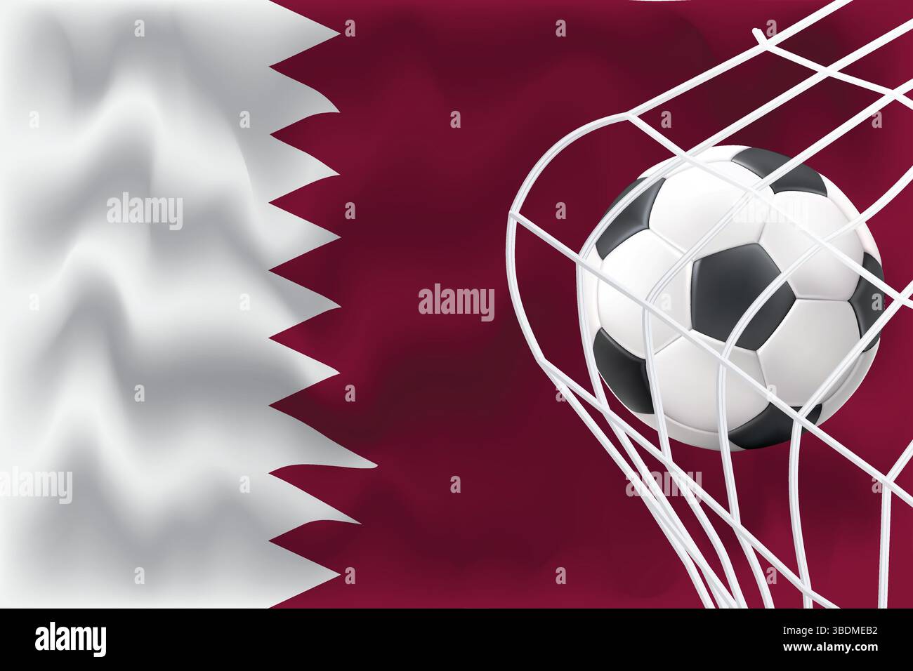 Editierbare 3D-Flagge für Katar mit Fußball und Netz. Perfekt für Sportposten, Promos zum Spieltag und Grafiken zur Weltmeisterschaft. Ideal für Banner und Anzeigen. Stock Vektor