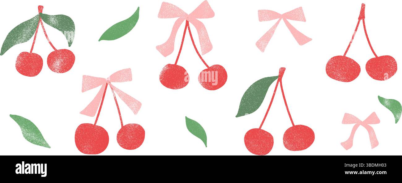 Kirschkokette Buntstift gezeichnet Set. Rote, rosafarbene und grüne Beeren mit Band und Blättern kritzeln isoliert auf weißem Hintergrund. Früchte mit Grunge-Struktur Stock Vektor