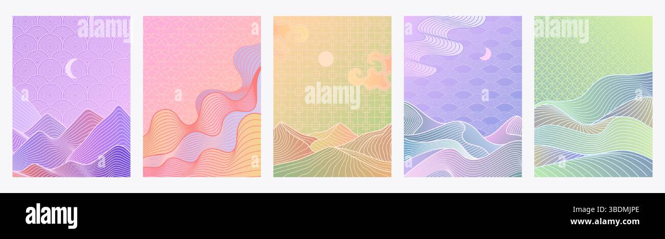 Lineare Berglandschaft. Säumen Sie Berge und Hügel mit traditionellem orientalischem Muster und Pastellverlauf, Posterhintergrund. Abstraktes Japanisch Stock Vektor