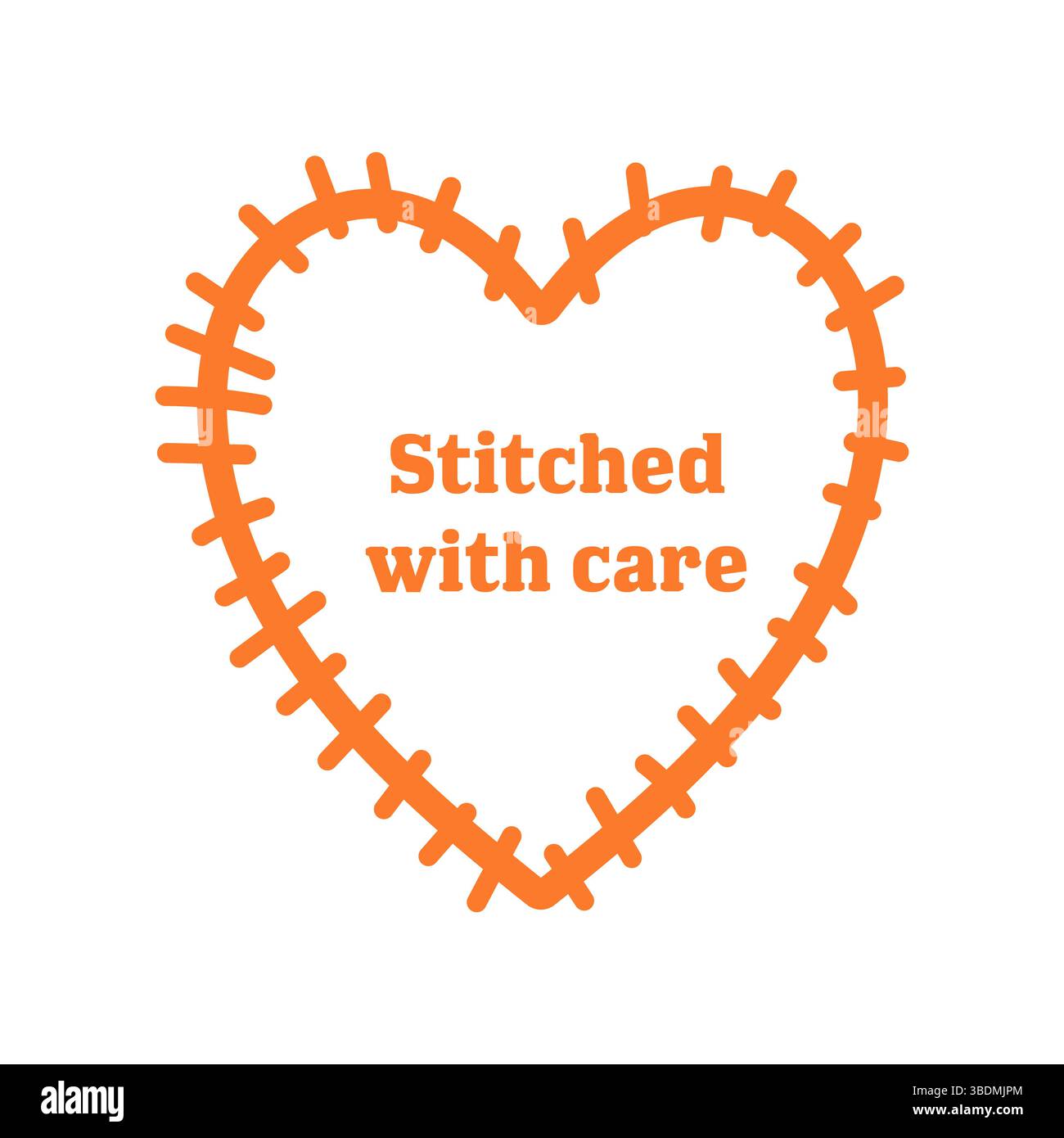 Handgezeichnetes orangefarbenes Herz mit genähter Borte und handgeschriebenem Zitat. Ideal für handwerkliches Branding, Babydesigns und Textiletiketten. Stock Vektor