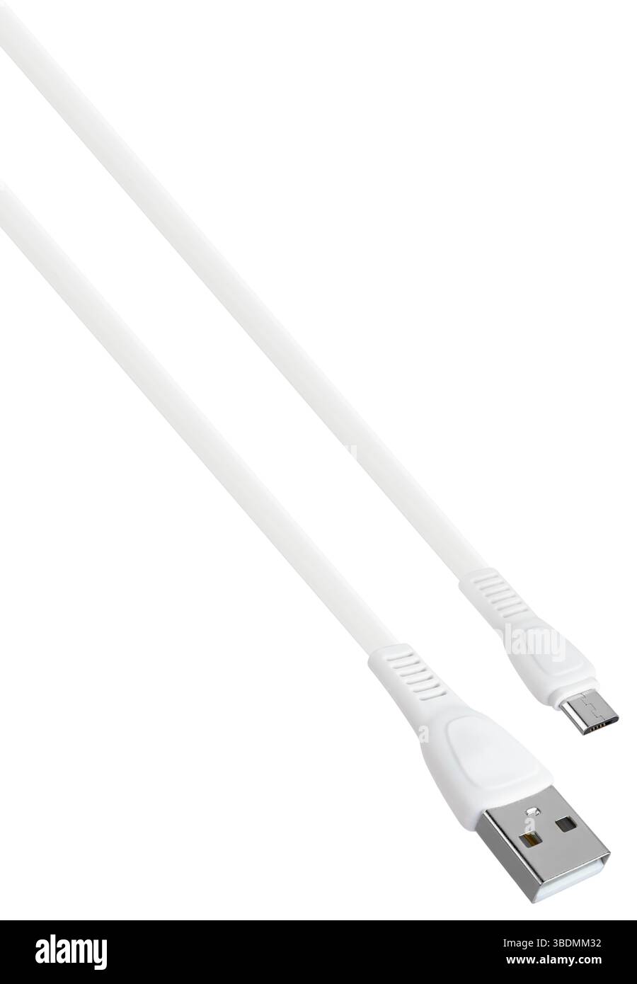 Kabel mit USB- und Micro-USB-Anschluss. Auf weißem Hintergrund in der Isolierung, erhöhte Festigkeit und Knickfestigkeit. Stockfoto