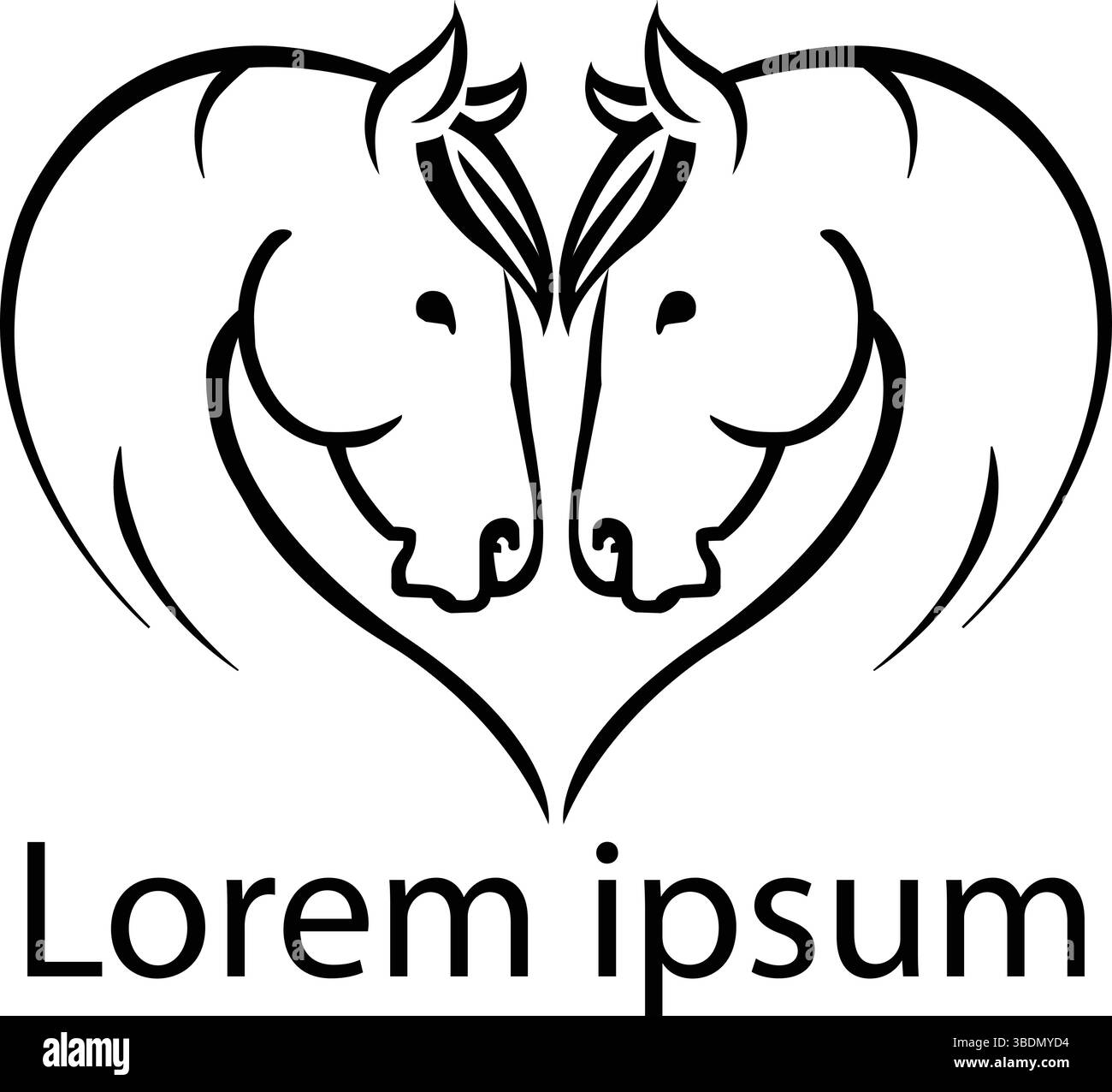 Minimalistisches Schwarz-weiß-Logo mit zwei Pferden, die sich gegenüber stehen Stock Vektor