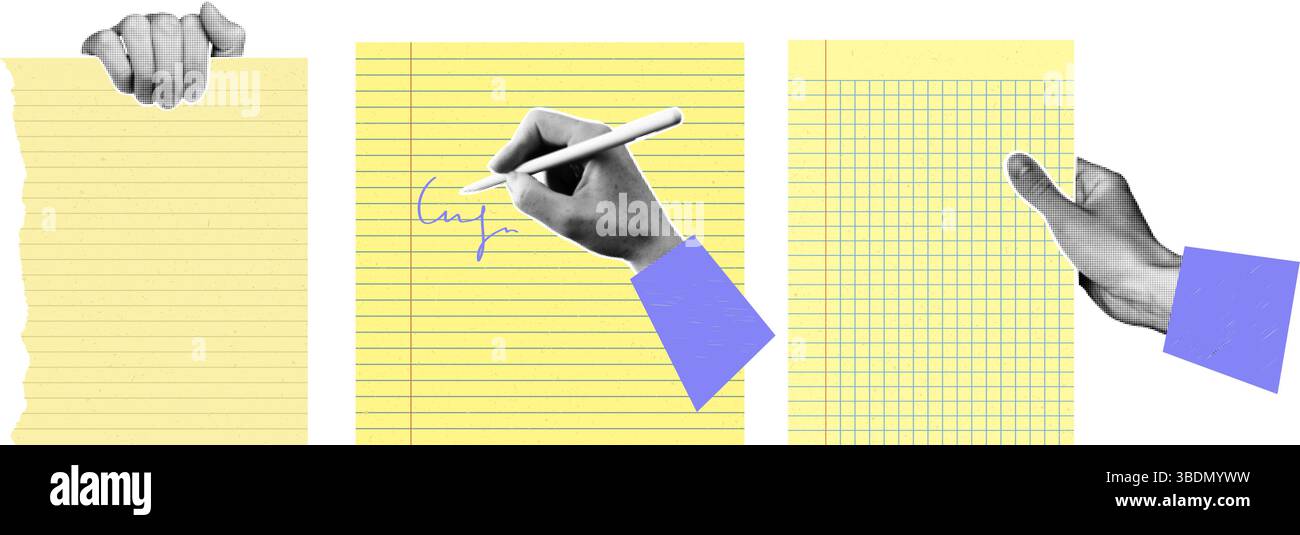 Gelbes, gerissenes Notizbuchpapier mit Händen und Stift. Modernes Schul- und Bürobedarfskonzept für Design, Banner oder digitale Projekte Stock Vektor