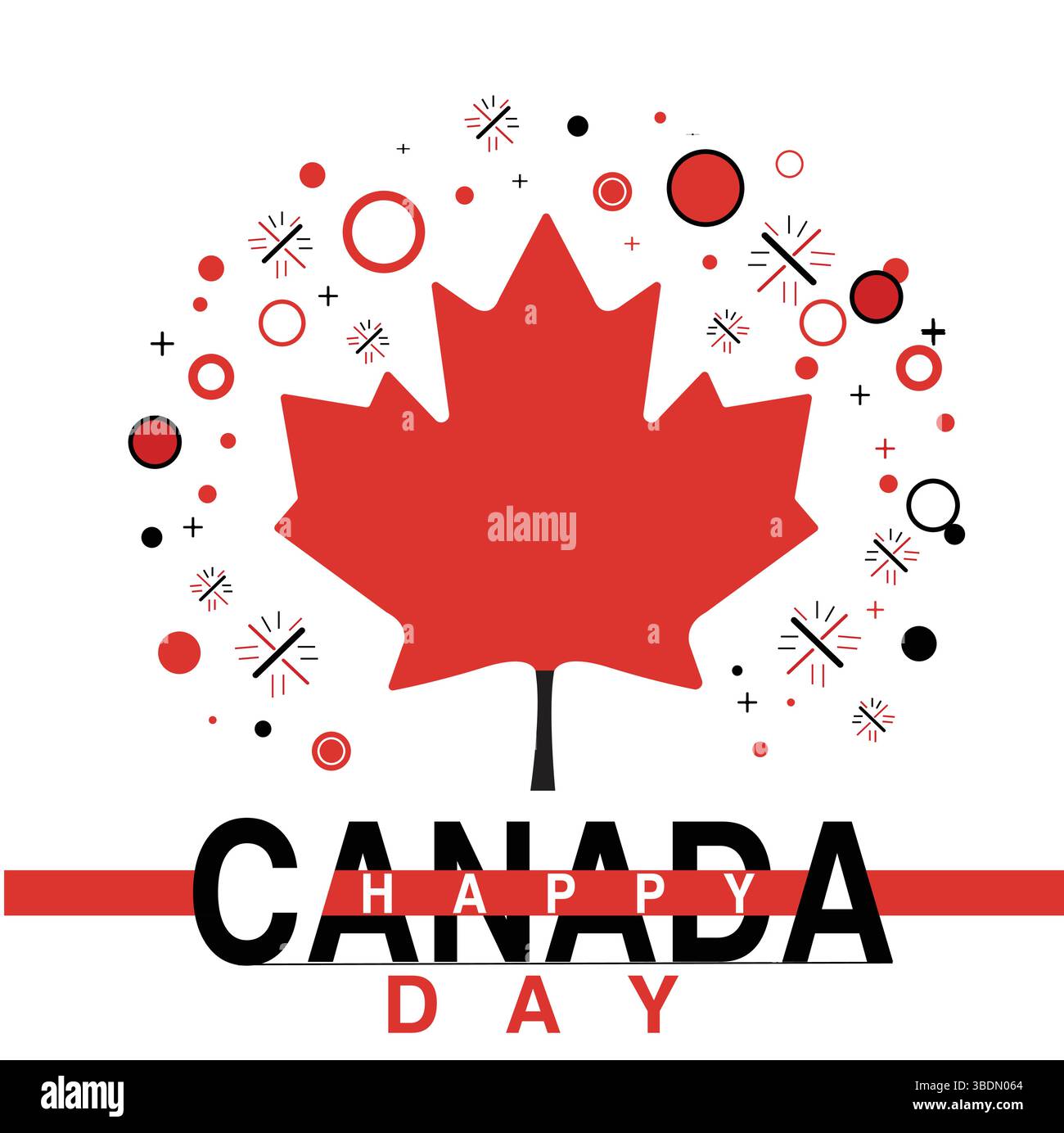 Ein roter Ahornblatt-Vektor mit stilisiertem Happy Canada Day Text, perfekt für patriotische Poster, Grußkarten und Nationalfeierlichkeiten Stock Vektor