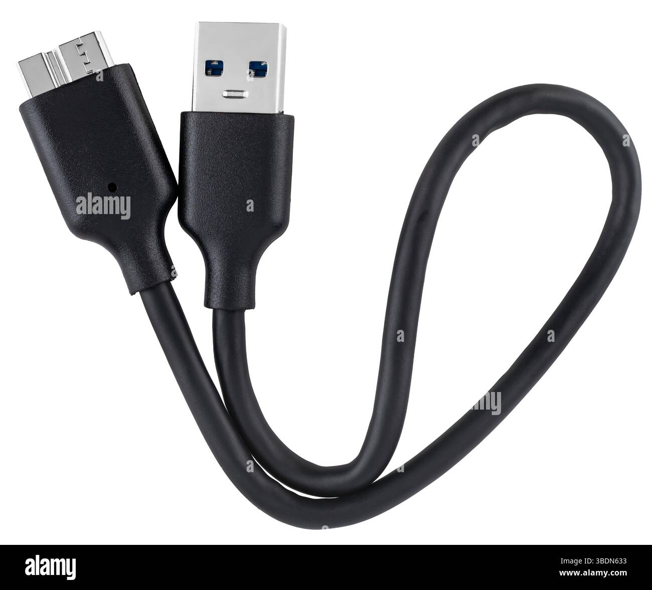 Schwarzes USB 3,0 Micro- und USB 3,0-Kabel, flexibel und abriebfest. Stockfoto